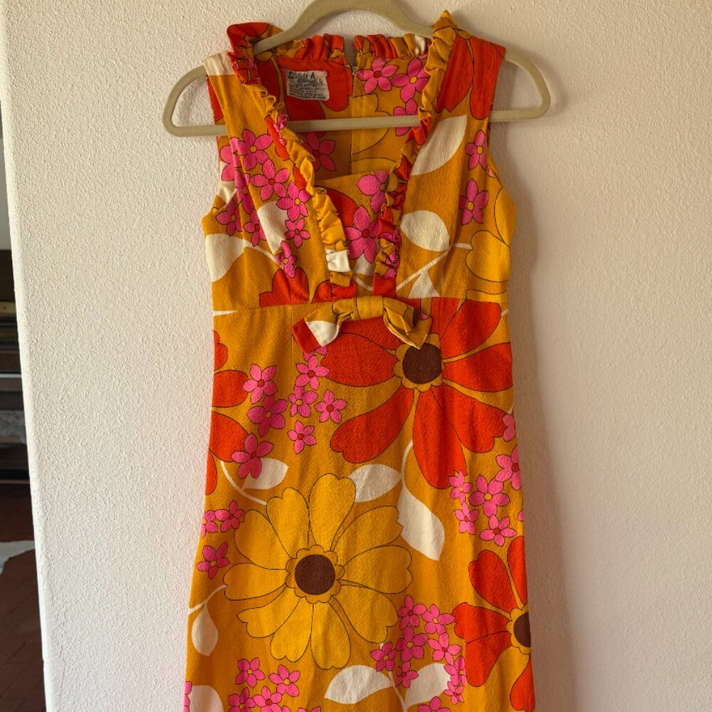 Vintage 60s 70s Hawaiian Mustard Pink Floral Daisy Maxi Dress Small